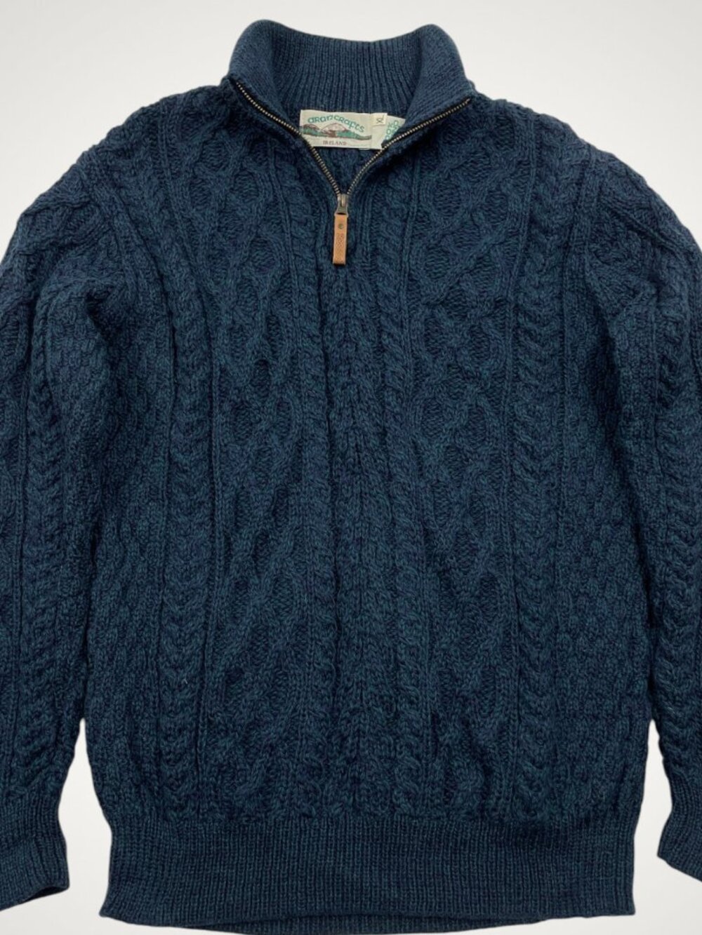Aran Crafts Blue Merino Wool Cable Knit Half Zip Fisherman Irish Sweater Mens XL